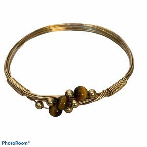 Gold Tone Twisted Wire Bangle Bracelet Tiger Eye